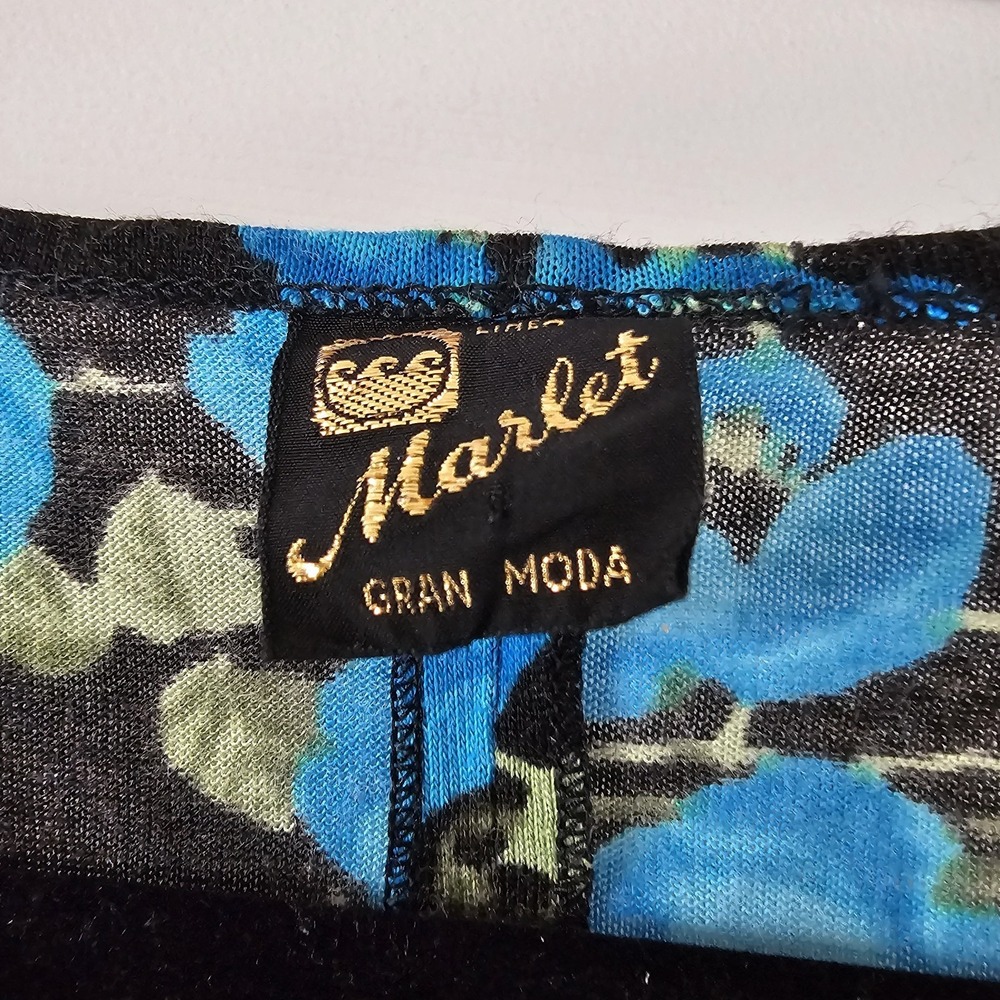 1980s Vintage Marlet Gran Moda Minindress Midnight Blue Black Floral #96 - Picture 3 of 6
